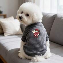 1PC Waffle Knit Dog T-Shirt, Cute Cartoon Puppy Patch Half High Collar Pet Short Sleeve Shirt, Soft Stretchy Daily Clothes For Small Dogs Bichon Maltese Poodle - Dark Grey - View 1