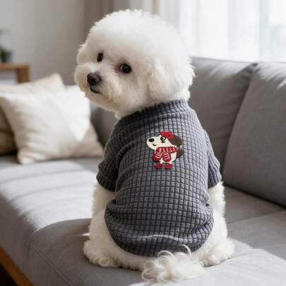 1PC Waffle Knit Dog T-Shirt, Cute Cartoon Puppy Patch Half High Collar Pet Short Sleeve Shirt, Soft Stretchy Daily Clothes For Small Dogs Bichon Maltese Poodle