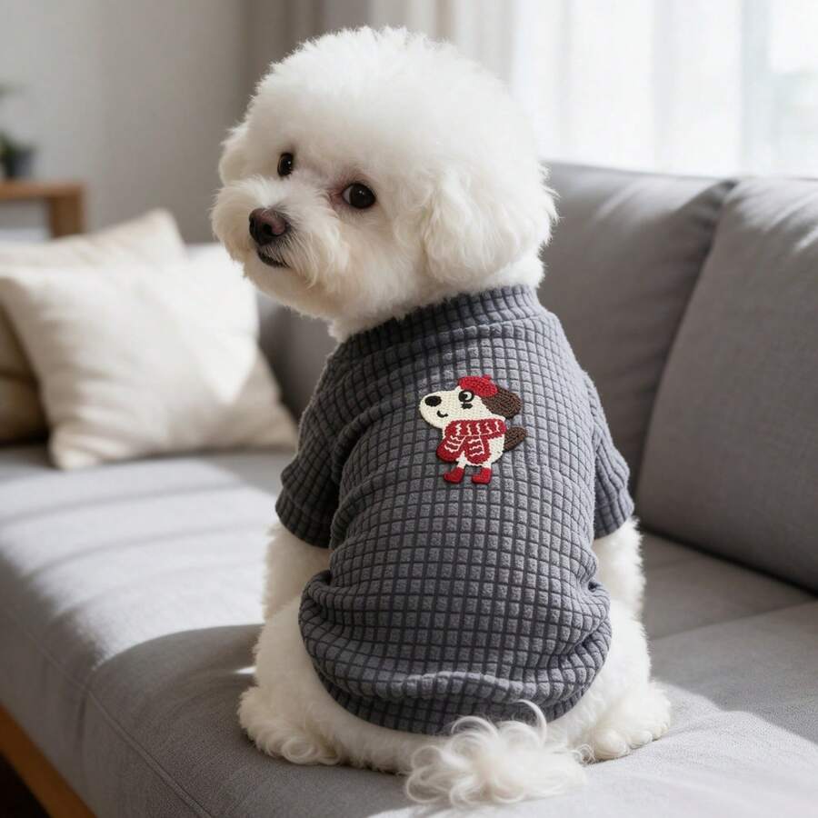 1PC Waffle Knit Dog T-Shirt, Cute Cartoon Puppy Patch Half High Collar Pet Short Sleeve Shirt, Soft Stretchy Daily Clothes For Small Dogs Bichon Maltese Poodle - Dark Grey - View 1