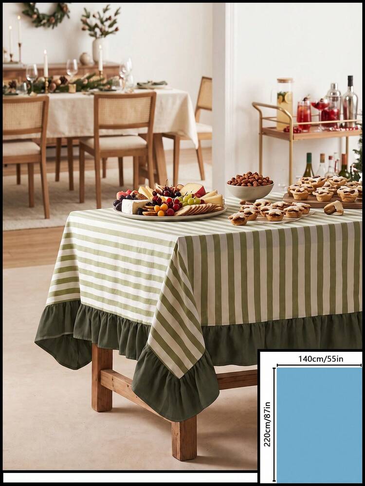 1pc Green & White Small Plaid With Olive Green Ruffle Edge Tablecloth, Christmas Country Style Fabric Material, Rectangular Olive Green Ruffle Edge Patchwork Detail, Stain-Resistant Protection And Decorative Function, Suitable For Christmas Dinner And Holiday Family Gathering Scenes - Green - View 14