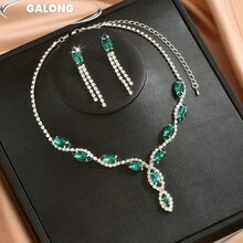 Luxury Marquise Rhinestone Tassel Jewelry Set For Women, V-Shaped Necklace + Long Tassel Earrings, Full Rhinestone Trim Light Luxury Evening Jewelry - Green and White - View 4