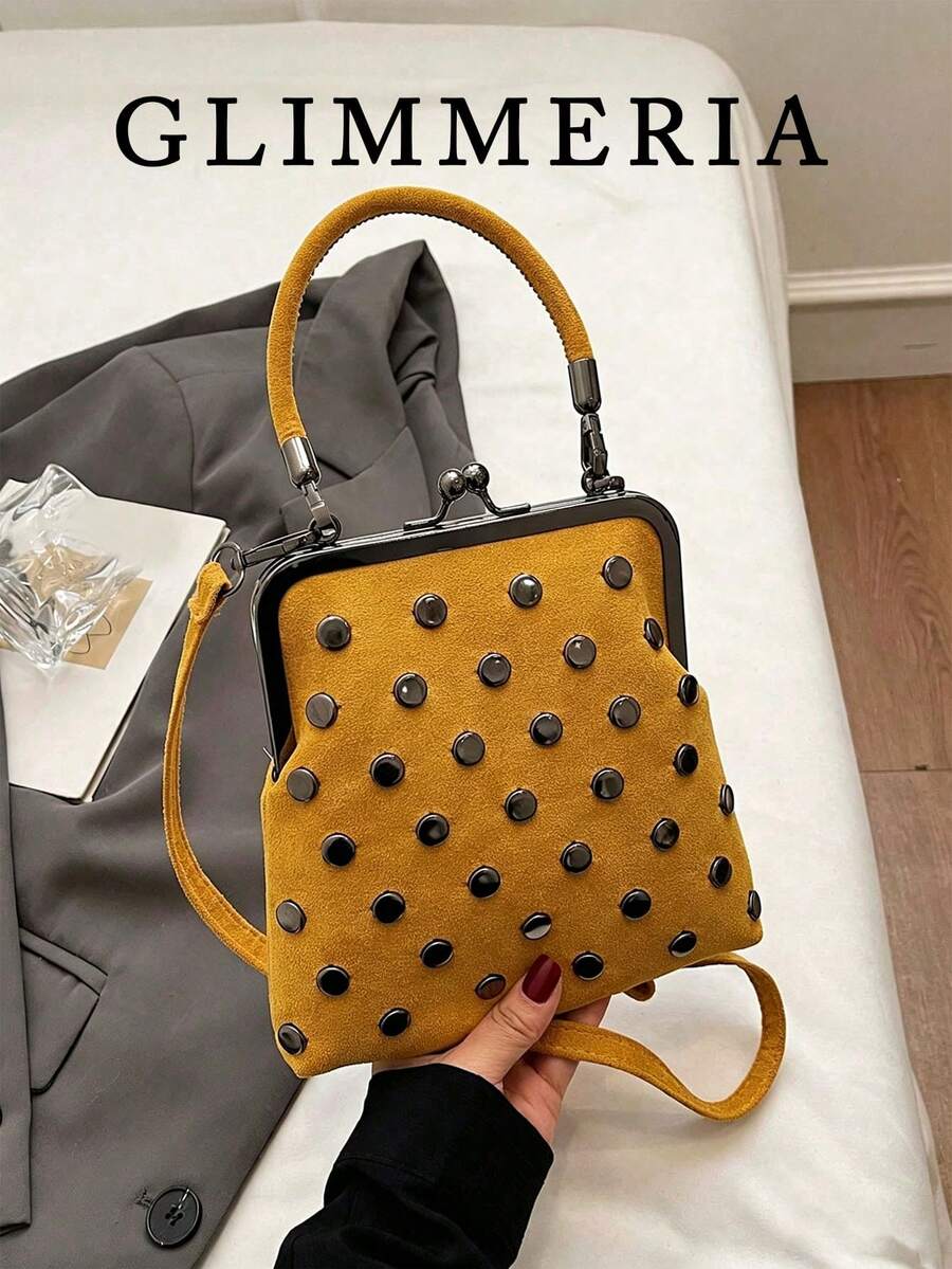 2026 Autumn/Winter New Fashion Vintage Suede Material Handbag, Detachable Women's Shoulder Bag With Button Wallet, Minimalist Rivet Decor Yellow Crossbody Bag