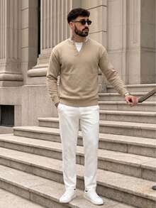 Lookun Men's Faux Two Pieces Half-Button Crew Neck Knit Sweater, Loose Fit Drop Shoulder Knit Top, Autumn/Winter - Apricot - View 5