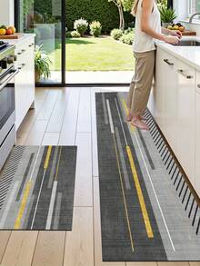 1 Pc Gray Paired With Gold Lines Pattern Kitchen Mat, 3.5 Mm Soft Rubber That Absorbs Water And Is Easy To Clean. Suitable For Corridors, Bathrooms, Living Rooms, Outdoor Door Mats, And Toilets. Useable Throughout The Year And For Various Holidays. - Multicolor - View 7