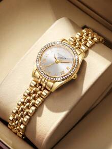 Women's Luxury Rhinestone Roman Numeral Dial Quartz Watch, Elegant Alloy Strap Wristwatch, Gift For Girlfriend (1pc/Set) Watch Box Not Included - Gold - View 9
