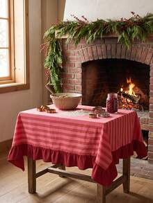 1pc Red And White Thin Striped With Burgundy Ruffle Edge Tablecloth, Christmas Baking Style Fabric Material, Rectangular Burgundy Ruffle Edge Patchwork Detail, Stain-Resistant Protection And Decorative Function For Home Long Table, Suitable For Christmas Baking Decor And Holiday Kitchen Scenes - Red - View 9