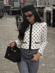 French Vintage Black & White Polka Dot Short Jacket For Women, Round Neck Contrast Black Trim Zipper Fake Pocket Design Fitted Short Jacket - Black and White Dots - View 3