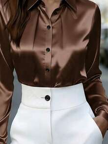 Women's Satin Long Sleeve Blouse, Lapel Collar, Smooth Glossy Solid Color Top, Suitable For Commute, Office, Daily Wear - Brown - View 5