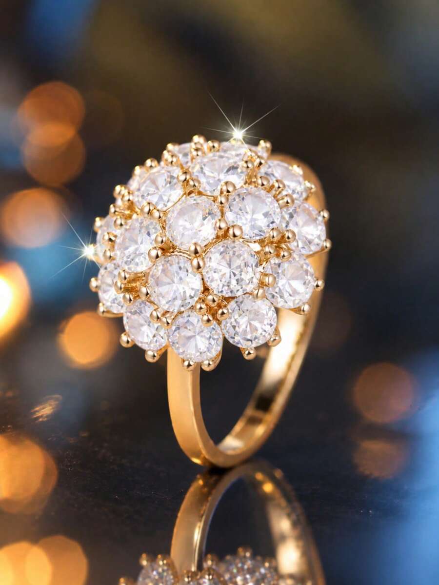 1pc Luxury Cubic Zirconia Flower Ring, Women's Round Wedding Ring, Promise Ring, Elegant Engagement Ring For Women - Style 2 - View 1