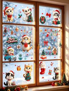 57pcs/9sheets Christmas Window Glass Stickers, Reusable And Detachable Cat Animal Christmas Tree Window Stickers Double-Sided Printing Window Stickers, Windows, Glass Doors, Living Rooms, Home Party Supplies, Holiday Parties, Festival Party And Display Cabinet Decoration - A - View 1
