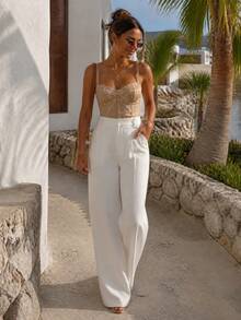 Pantalon femme taille haute plissé jambes larges, pantalon blanc drapé pour le printemps/été, style bureau et vacances - Blanc - Voir 4