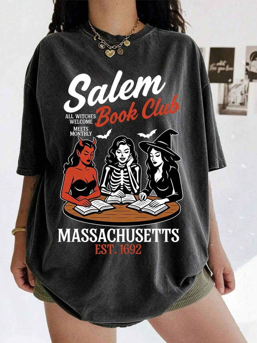 Witchy Book Club Spooky Girl Reading Halloween Graphic Tee, Oversized ...