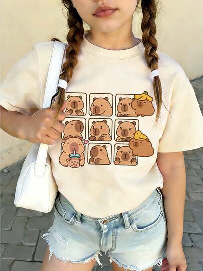 Kaos oblong berkerah bulat motif capybara untuk anak perempuan usia praremaja, atasan musim panas.