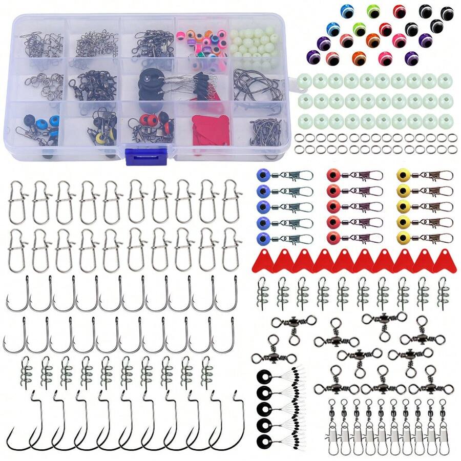 201PCS/322PCS/330Pcs Lure Tackle Box Accessories Kit, Value Soft Lure Combo Full Set With Iseama Hooks 15 Compartment Box, Christmas Gift For Anglers