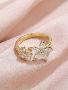 1pc Girl's Gold-Plated Five-Petal Flower Crystal Ring, Adjustable Flower Ring, Delicate Stackable Jewelry For Girls Party Prom Dates & Daily Wear - one-size - View 5