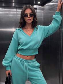 Women's Casual V-Neck Rib-Knit Tight Hem Oversized Hoodies For Daily Fall&Winter,Fall Winter Clothes,Winter Fall Outfit,Going Out - Turquoise - View 5