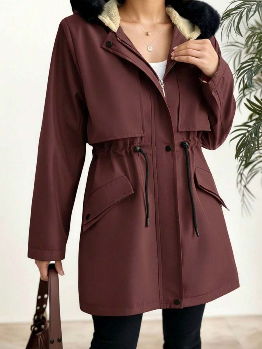 Women's New Drawstring Waist Zipper Placket Casual Winter Hooded Jacket - Burgundy - View 1