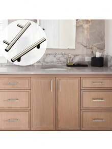 2pcs Brushed Stainless Steel T-Bar Cabinet Pulls, 64mm Hole Center Solid Drawer Handles, Modern Furniture Hardware Suitable For Kitchen, Cupboard, Wardrobe, Bathroom, Dresser Cabinet Door - Hole Pitch: 64mm - View 9