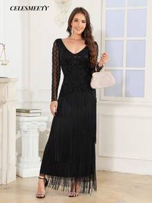 Robe de soirée Top de gamme pour femmes, patchwork, manches longues, à franges et perles, robe de banquet, de fête et de vacances - Noir - Voir 6