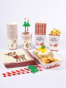 24件組聖誕一次性餐具套裝（含紙杯、餐巾紙、吸管、爆米花盒與食物盒），復古聖誕老人雪橇與馴鹿圖案，適用於聖誕晚餐、家庭聚會、節日下午茶與甜點桌 - 聖誕復古馴鹿雪橇 - 查看 5