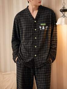 Gongdie Conjunto de pijama de 2 piezas Snoopy para hombre, ropa de estar en casa de algodón suave con bolsillo y estampado de rombos gris para otoño - Gris - Ver 2
