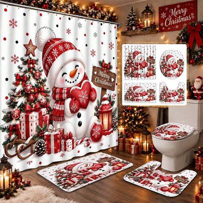 1/3/4pcs Christmas Cartoon Polka Dot Snowflake Snowman Shower Curtain Set, Polyester Bathroom Set, Includes 12 Plastic Hooks, Bathroom Accessories, Bathroom Anti-Slip Mat, Bathroom Curtain Shower Set, Home Decor, Bathroom Decor, Christmas Decor, Holiday Gift