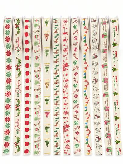 12pcs/1pc Christmas Printed Ribbon - Cotton Linen Fabric Ribbon, Gift Wrapping Ribbon - Holiday Ribbon - Bow Making, Suitable For Christmas Decoration, Christmas Tree Decoration, Jewelry Display Packaging, Flower Wrapping, Also For DIY Party Decoration And Valentine's Day Gift Wrapping