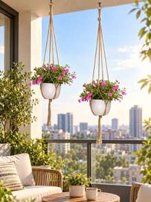 2pcs Brown Flower Pot Hanging Rope, Tassel Plant Hanger, Flower Pot Stand - Indoor Balcony Rack, Outdoor And Garden Supplies - Multiple Styles - View 2