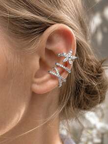 CIZME 3pcs Minimalist 14K Ear Cuff Set Flower Butterfly Cubic Zirconia Ear Clip Earrings, No Piercing Needed, Suitable For Daily Office Wear Gift For Her - Golden and Silvery - View 3