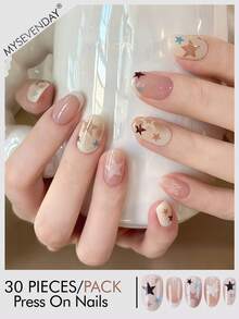 30pcs Short Oval Press-On Fake Nails, Autumn Star Print Nude Base Color, Practical Manicure Supplies, Includes Jelly Glue And Nail File, Reusable, Easy To Apply, Suitable For Autumn Daily Manicure - Multicolor - View 1