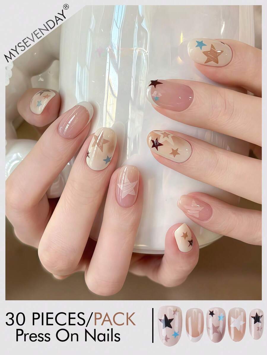 30pcs Short Oval Press-On Fake Nails, Autumn Star Print Nude Base Color, Practical Manicure Supplies, Includes Jelly Glue And Nail File, Reusable, Easy To Apply, Suitable For Autumn Daily Manicure - Multicolor - View 1