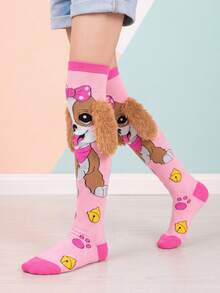 Girls' Fun Knee-High Socks With 3D Fuzzy Dog Ear Pattern And Cute Puppy Bow Design, Perfect For Birthday Parties Or Role Play Activities - Multicolor - View 4