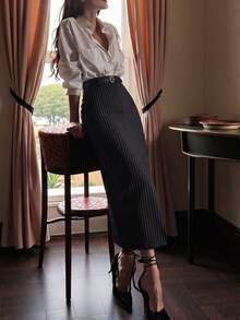 Elegant Commuter Daily Business Old Money Style Leather Striped High Cinched Waist Bodycon Midi Skirt Work Wear Women, Striped - Black - View 1