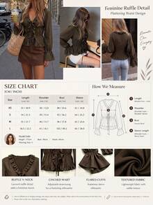 2026 New Autumn Elegant Women's Solid Color Ruffle V-Neck Tie Design Ruched Waist Flare Sleeve Lightweight Casual Blouse For Daily Wear, Outings, Parties And Vacation - Olive Green - View 11