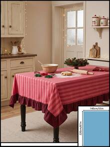 1pc Red And White Thin Striped With Burgundy Ruffle Edge Tablecloth, Christmas Baking Style Fabric Material, Rectangular Burgundy Ruffle Edge Patchwork Detail, Stain-Resistant Protection And Decorative Function For Home Long Table, Suitable For Christmas Baking Decor And Holiday Kitchen Scenes - Red - View 18