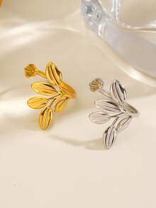 2pcs/Set Stainless Steel 18K Gold Plated Minimalist Leaf Ring Set Suitable For Women's Daily Wear And Shopping - Multicolor - View 4