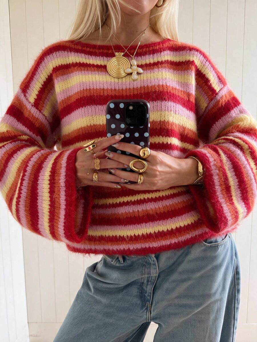 Women's Autumn/Winter Dropped Shoulder Striped Fuzzy Knit Sweater, Loose Long Sleeve Multi-Color Striped Pullover - Pink - View 1