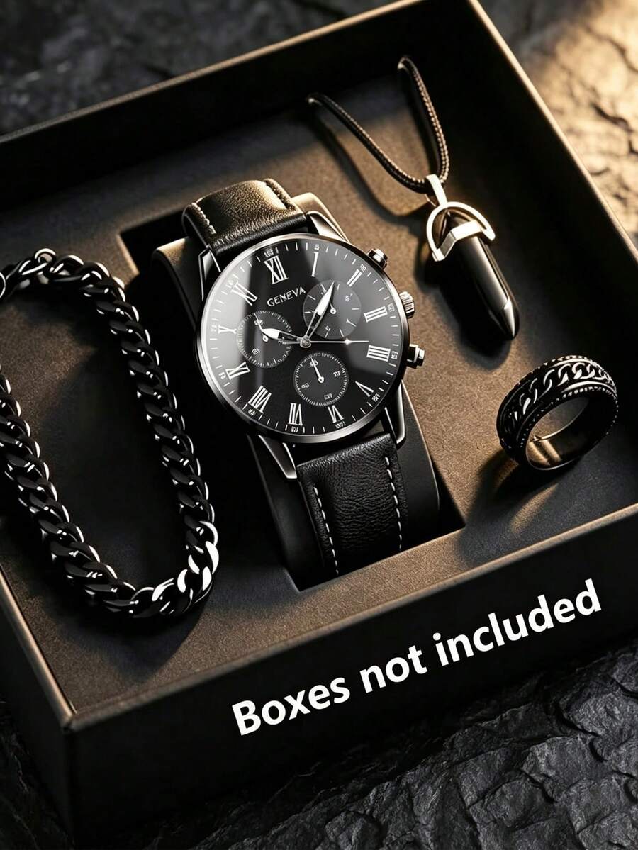 4pcs A Luxury Men's Watch And Accessory Set Featuring A Business-Casual Style; An Ideal Gift For Father's Day, Birthdays, Or Everyday Wear. - Black - View 1