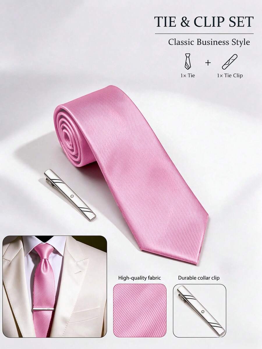 1 Set Pink Tone Men's Fashion Casual Minimalist Versatile Premium Collar Tie Clip Accessory, Suitable For Weddings, Parties, Banquets, Evening Events, Family Gatherings - 3 - View 1