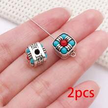 2pcs Carved Alloy Beads Dual Color Inlaid Gemstone Round Square Barrel Beads For DIY Handmade Mala Bracelet Necklace Craft Supplies - Multicolor - View 17