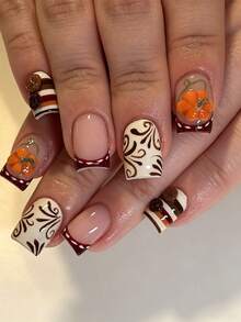 24pcs Vintage Autumn White & Coffee Color Striped French Scroll 3D Pumpkin Button Design Press-On False Nails, Perfect Fit, Suitable For Women's Daily Commute, Autumn/Winter Gatherings And Party Occasions Nail Art - Multicolor - View 1