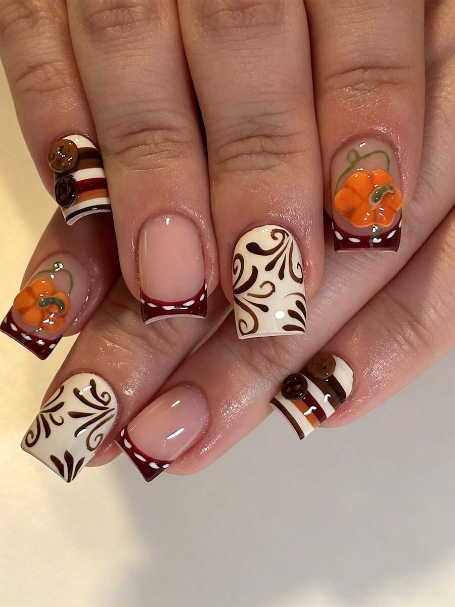 24pcs Vintage Autumn White & Coffee Color Striped French Scroll 3D Pumpkin Button Design Press-On False Nails, Perfect Fit, Suitable For Women's Daily Commute, Autumn/Winter Gatherings And Party Occasions Nail Art - Multicolor - View 1
