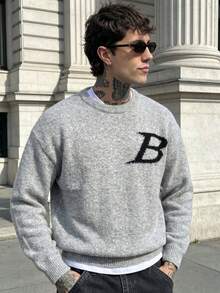 Oversized Casual Knit Sweater, Unisex High Street Design, Loose Fit, Warm For Autumn/Winter, Minimalist English Text Round Neck Pullover - Grey - View 2