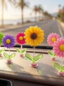 5Pcs Christmas Gift Spring Wobble Daisy Sunflower Car Dashboard Ornament, Cute Colorful Shaking Head Flower Decor, Adhesive Swing Flower For Car Interior, Desk, Monitor, Home Office Decor, Holiday Gift For Car Lovers - Multicolor - View 2