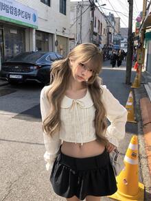 Sweet Bow Peter Pan Collar Puff Sleeve Cropped Top, Lace Patchwork Cute Autumn Short Blouse - Apricot - View 2