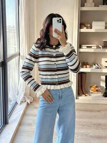 Women's Autumn Set: Vintage Multi-Color Striped Ruffle Round Neck Long Sleeve Cardigan With Metal Buttons, Suitable For Daily And Office Wear - Multicolor - View 8