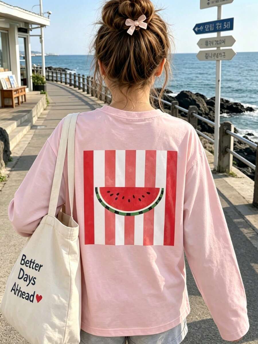 Tween Girl 1pc Printed Long Sleeve T-Shirt, Suitable For Tween Girls' Autumn/Winter Top, Young Student Children's Clothing, Suitable For Outerwear And Layering - Pink - View 1