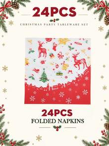 10/20pcs Christmas Disposable Paper Tableware Set (Includes 7-Inch And 9-Inch Plates, Cups, Napkins, Straws), Printed With Reindeer, Christmas Tree, Bell, Gift, Sleigh And Red Border Patterns, Suitable For Christmas Party, Holiday Dinner, Winter Celebration And Holiday Table Setting. - Multi-color 11 - View 8