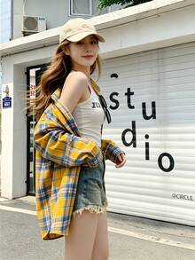 YUXIN American Vintage Niche Design Long Sleeve Plaid Shirt For Women / Spring & Autumn New Loose Casual Commuter Blouse / Suitable For All Seasons - Orange - View 8