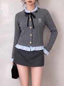 Women's Autumn/Winter Elegant Woven Frill Trim Patchwork Design Cardigan Knit Sweater - Grey - View 4